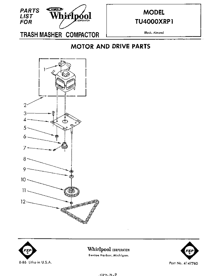 MOTOR AND DRIVE , LIT/OPTIONAL Diagram and Parts List for TU4000XRP1  Whirlpool Trash Compactor