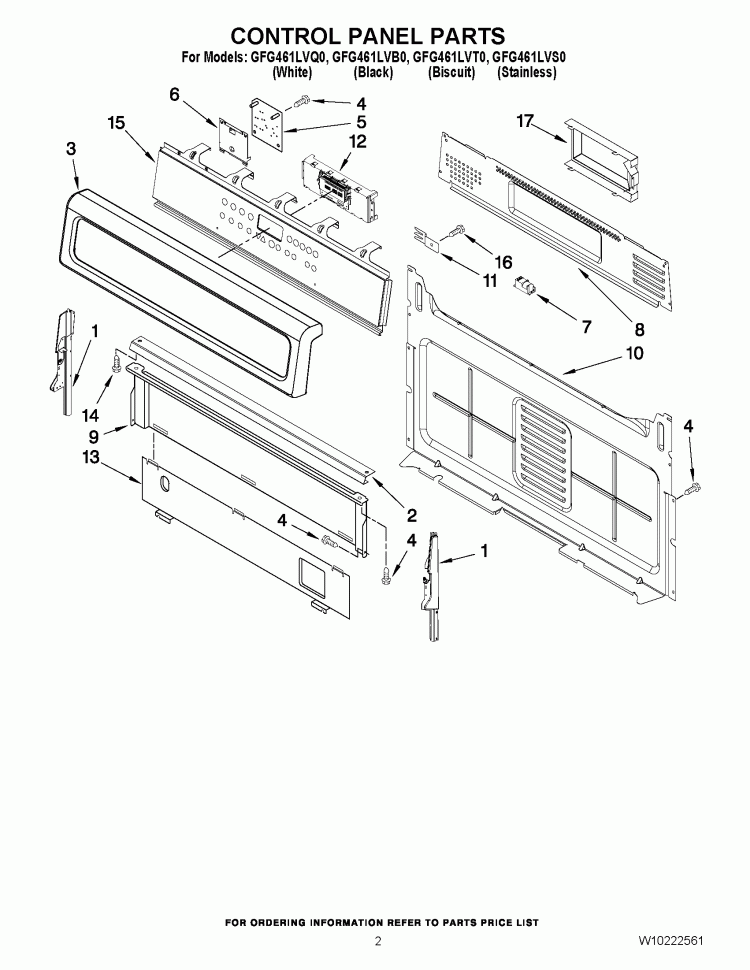 CONTROL PANEL PARTS Diagram and Parts List for GFG461LVT0  Whirlpool Range