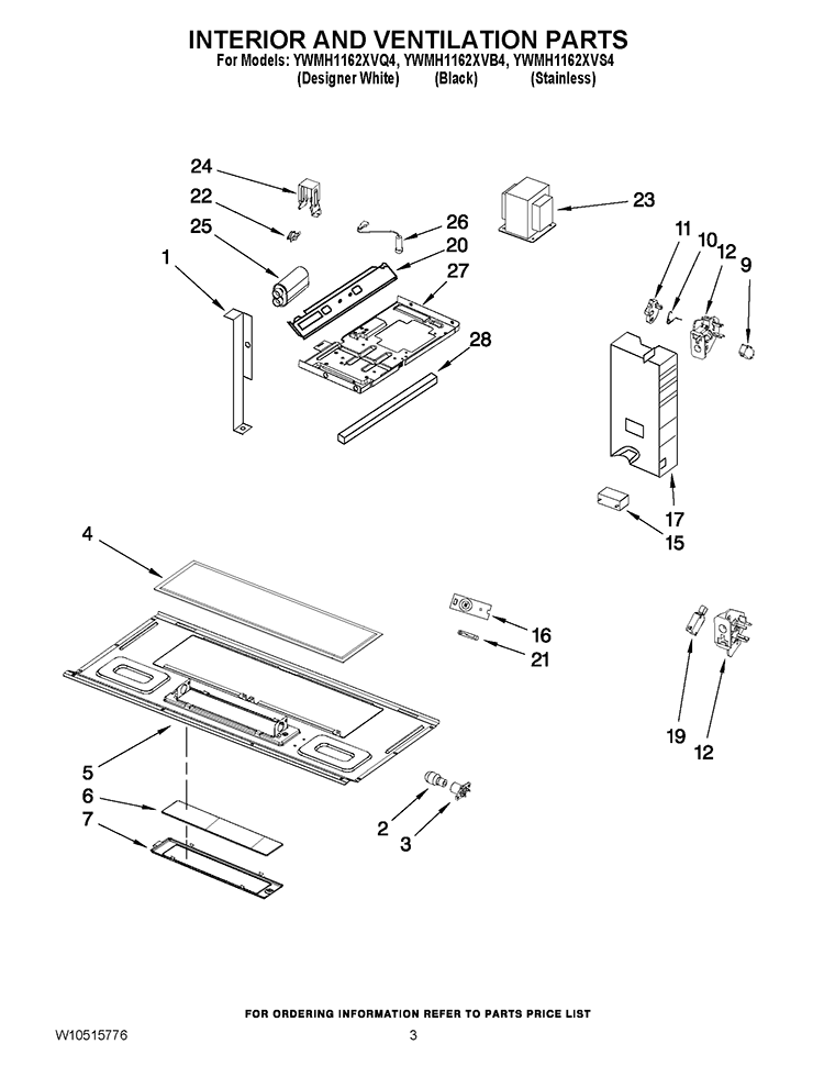 INTERIOR AND VENTILATION PARTS Diagram and Parts List for YWMH1162XVB4  Whirlpool Microwave