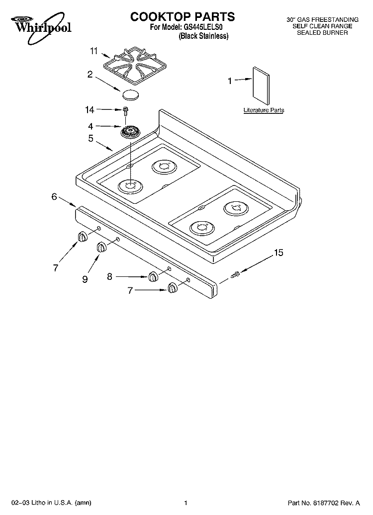COOKTOP PARTS Diagram and Parts List for GS445LELS0  Whirlpool Range
