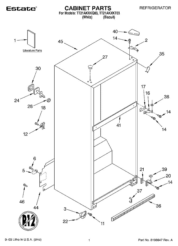 CABINET PARTS Diagram and Parts List for TT21AKXKQ03  Estate Refrigerator