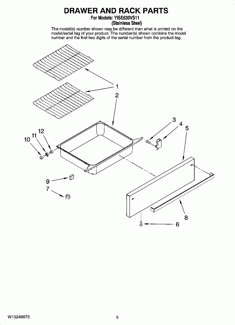DRAWER AND RACK PARTS Diagram and Parts List for YISE630VS11  Whirlpool Range