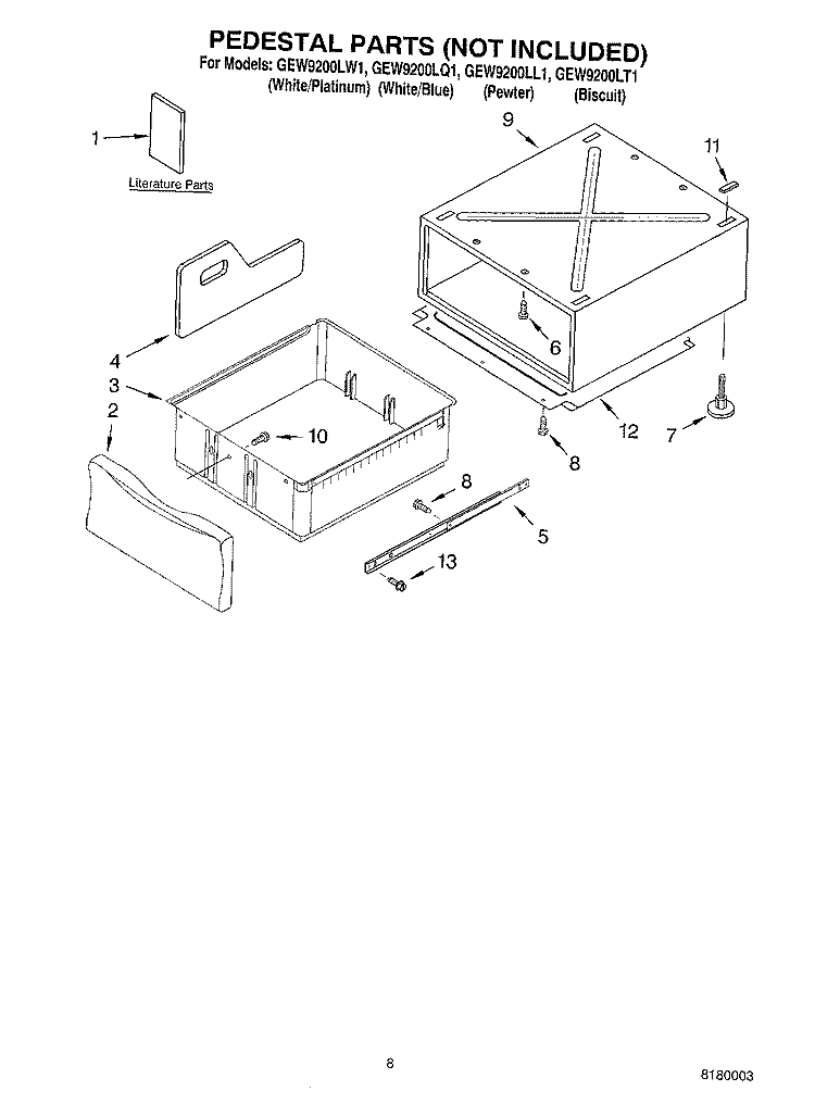 PEDESTAL PARTS (NOT INCLUDED) Diagram and Parts List for GEW9200LQ1  Whirlpool Dryer
