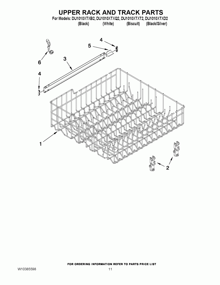 UPPER RACK AND TRACK PARTS Diagram and Parts List for DU1010XTXT2  Whirlpool Dishwasher