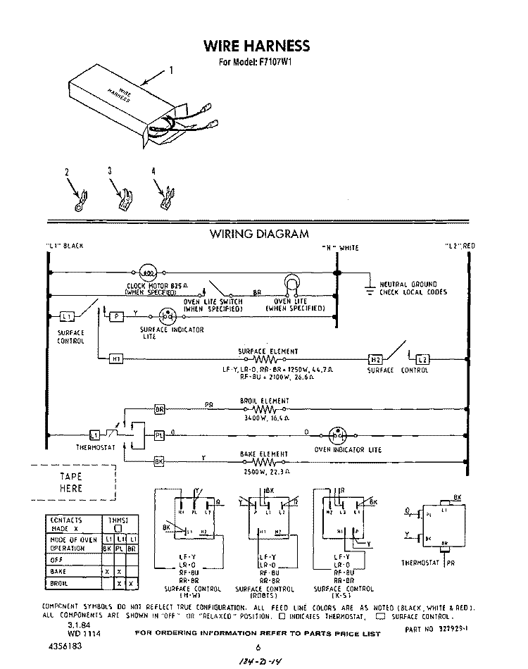 WIRE HARNESS , WIRING DIAGRAM Diagram and Parts List for F7107W1  Roper Range