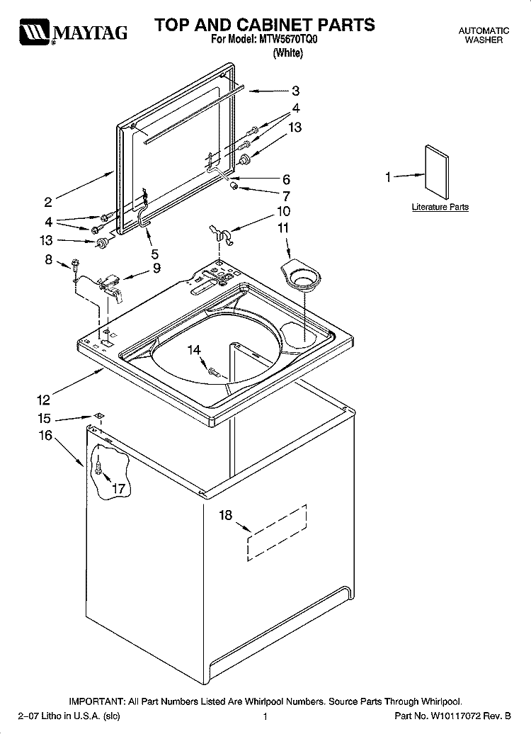 TOP AND CABINET PARTS Diagram and Parts List for MTW5670TQ0  Whirlpool Washer