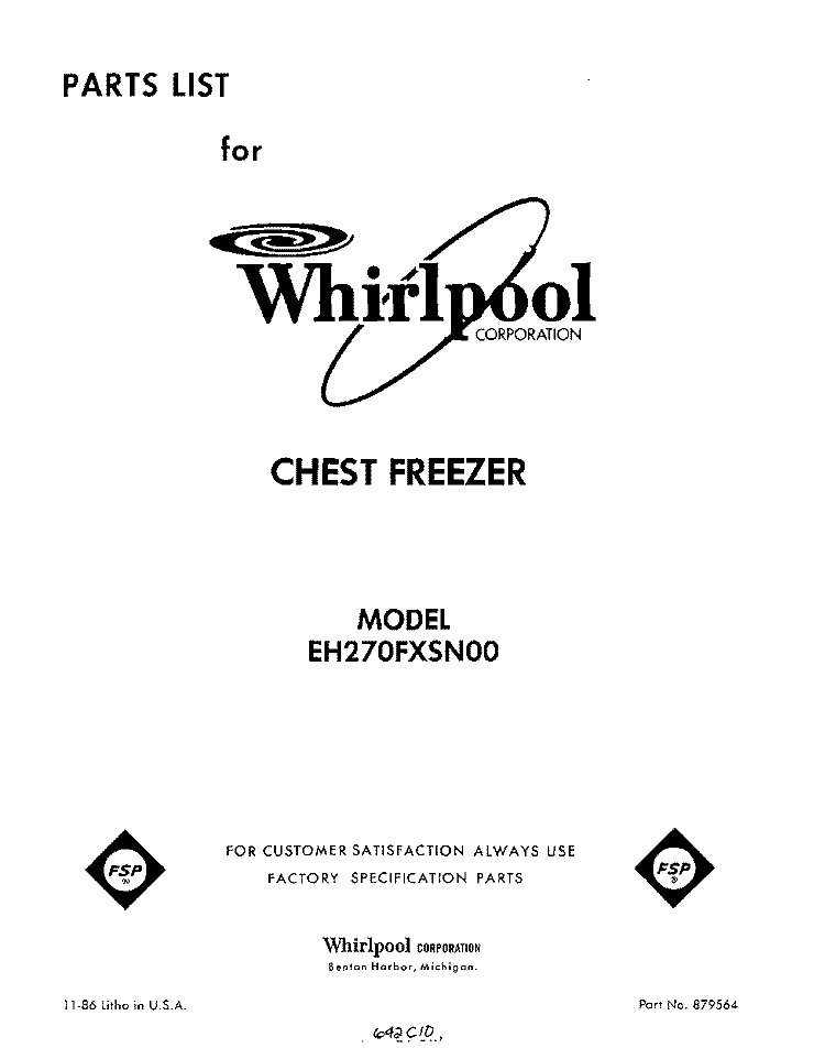 SECTION Diagram and Parts List for EH270FXSN00  Whirlpool Freezer