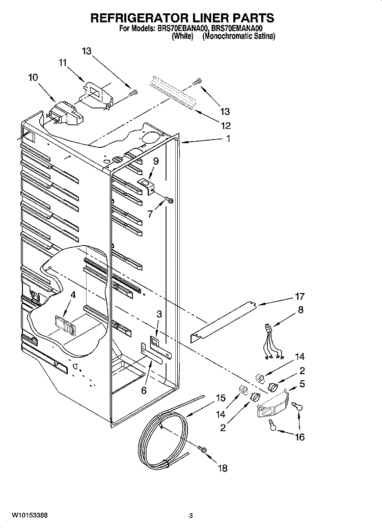 REFRIGERATOR LINER PARTS Diagram and Parts List for BRS70EMANA00  Whirlpool Refrigerator