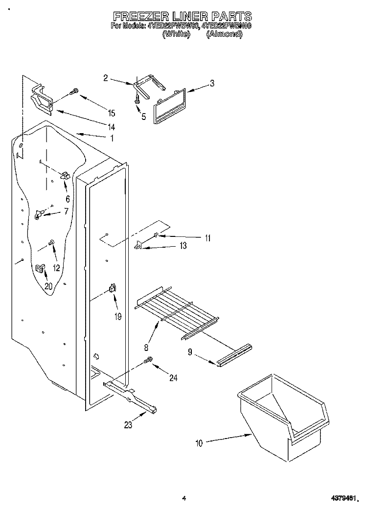 FREEZER LINER Diagram and Parts List for 4YED22PWBW00  Whirlpool Refrigerator