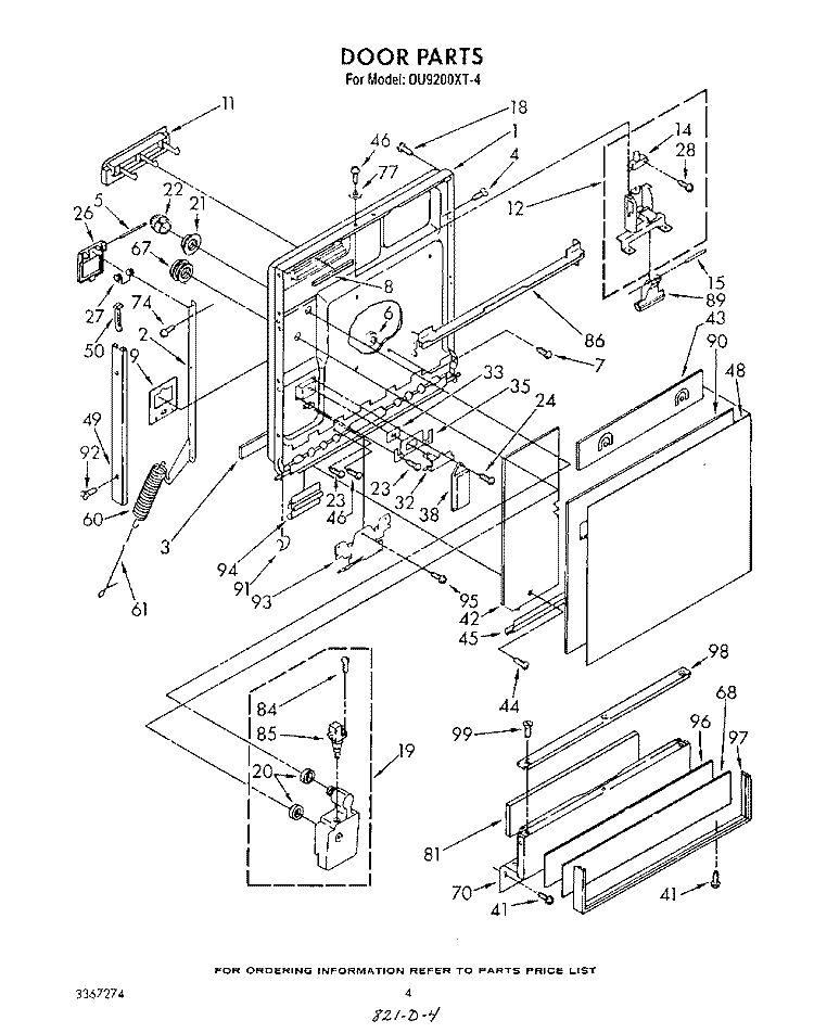 DOOR Diagram and Parts List for DU9200XT4  Whirlpool Dishwasher