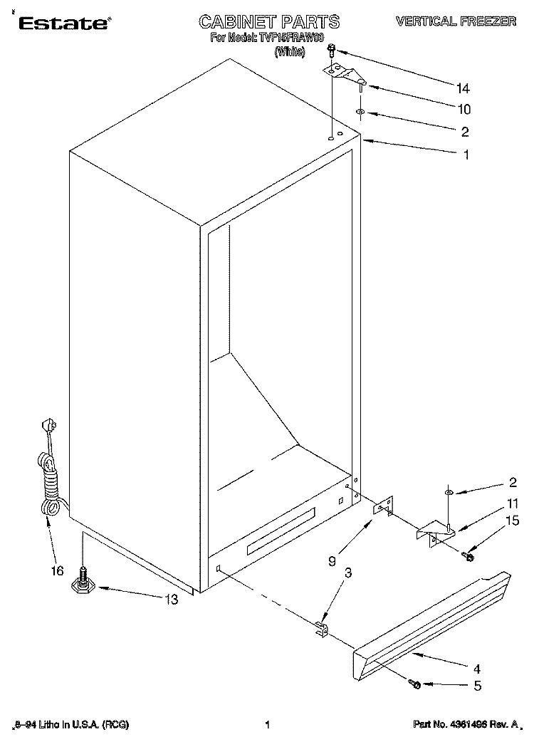 CABINET Diagram and Parts List for TVF15FRAW00  Whirlpool Freezer