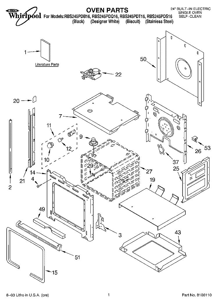 OVEN PARTS Diagram and Parts List for RBS245PDB16  Whirlpool Wall Oven