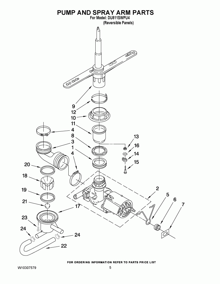 PUMP AND SPRAY ARM PARTS Diagram and Parts List for DU811SWPU4  Whirlpool Dishwasher