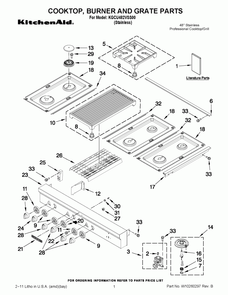COOKTOP, BURNER AND GRATE PARTS Diagram and Parts List for KGCU482VSS00  KitchenAid Cooktop