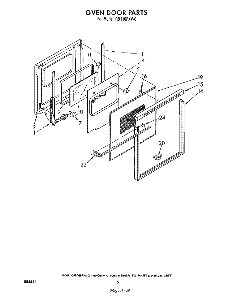 OVEN DOOR Diagram and Parts List for RB130PXV0  Whirlpool Wall Oven
