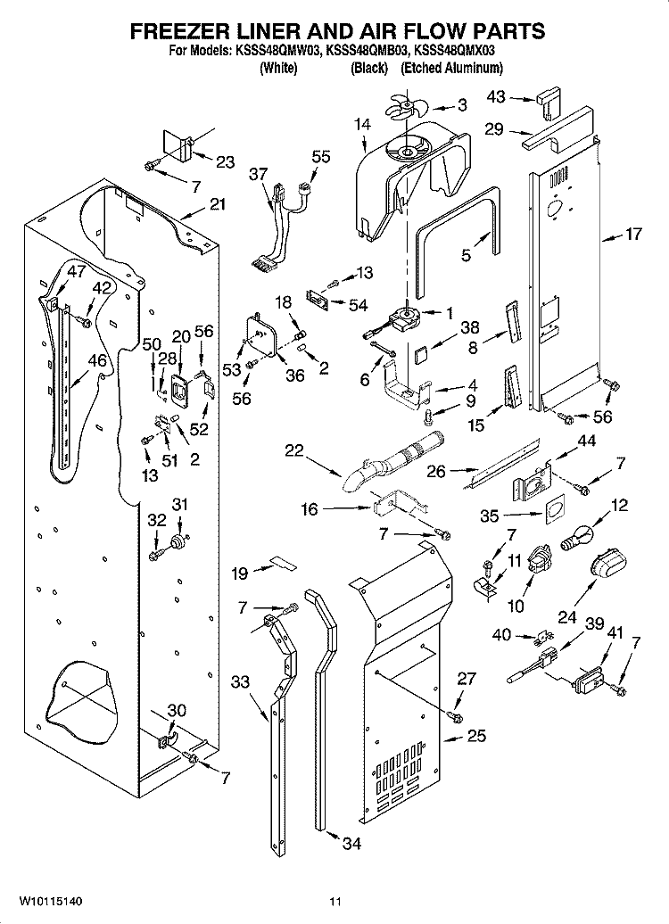 FREEZER LINER AND AIR FLOW PARTS Diagram and Parts List for KSSS48QMB03  KitchenAid Refrigerator
