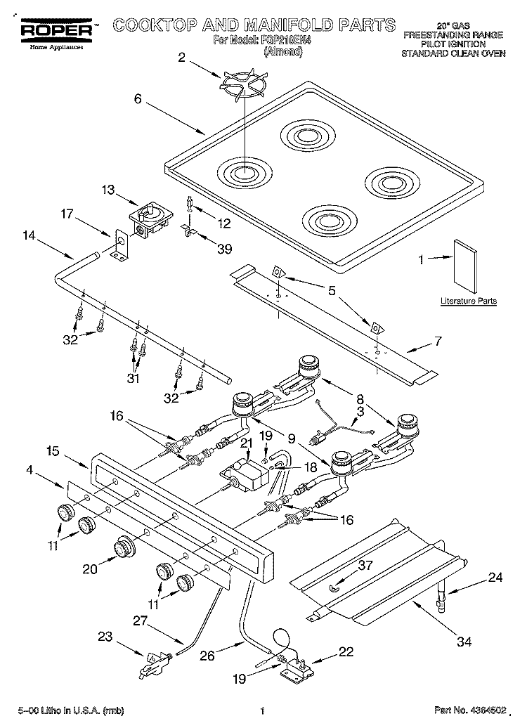 COOKTOP AND MANIFOLD, LITERATURE Diagram and Parts List for FGP210EN4  Roper Range