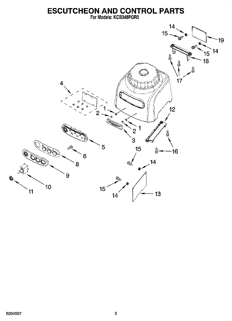 ESCUTCHEON AND CONTROL PARTS Diagram and Parts List for KCB348PGR0  KitchenAid Blender