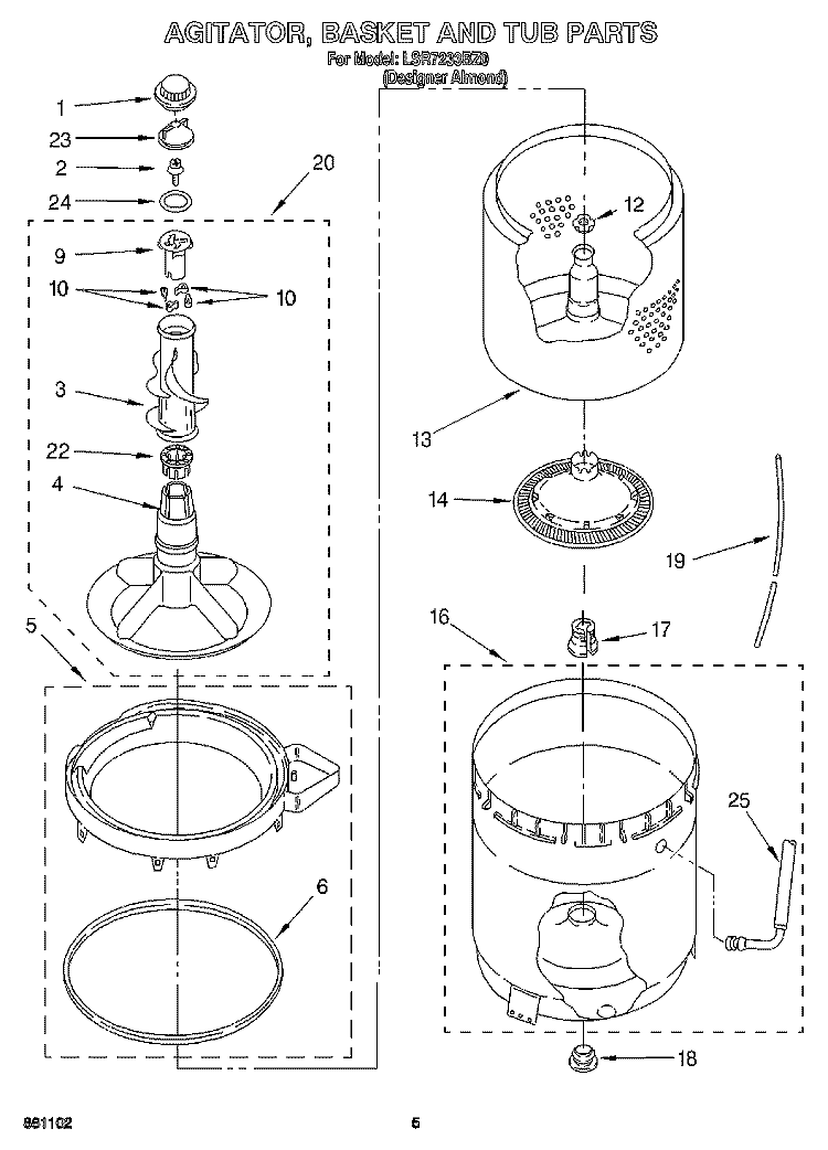 AGITATOR, BASKET AND TUB Diagram and Parts List for LSR7233BZ0  Whirlpool Washer