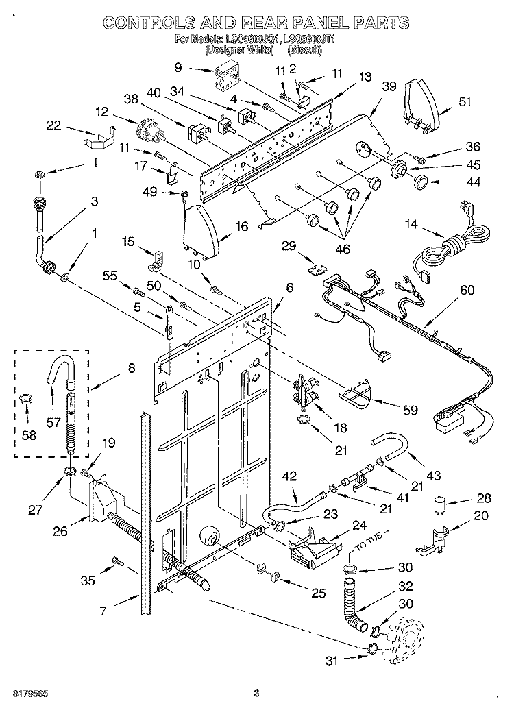 CONTROLS AND REAR PANEL Diagram and Parts List for LSQ9600JQ1  Whirlpool Washer