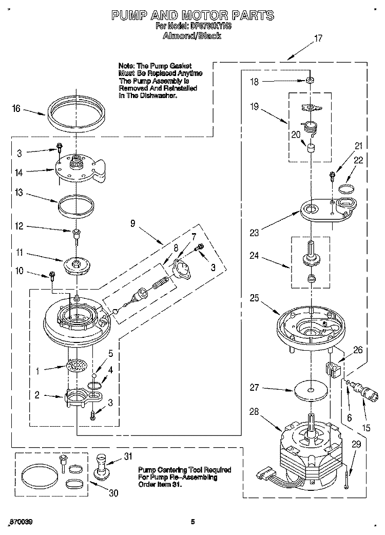 PUMP AND MOTOR Diagram and Parts List for DP8700XYN3  Whirlpool Dishwasher