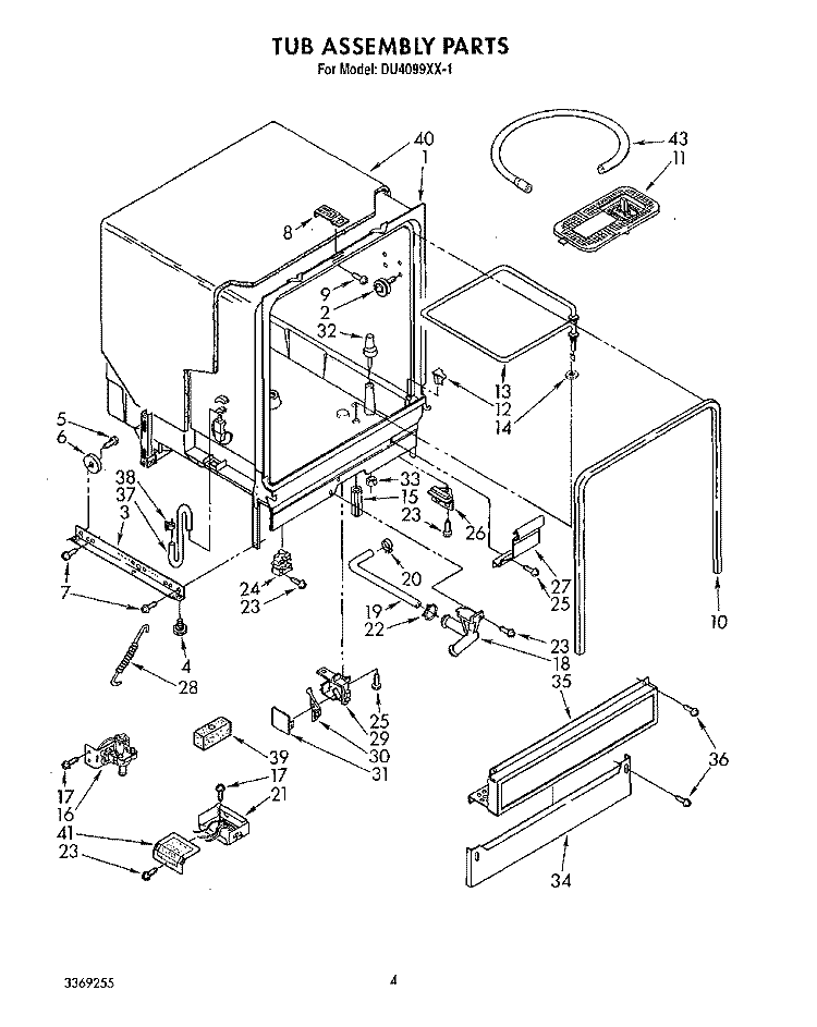 TUB ASSEMBLY Diagram and Parts List for DU4099XX1  Whirlpool Dishwasher