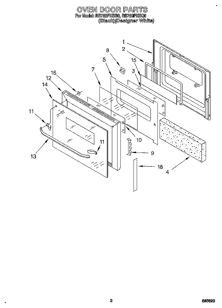 OVEN DOOR Diagram and Parts List for RB760PXBB0  Whirlpool Wall Oven