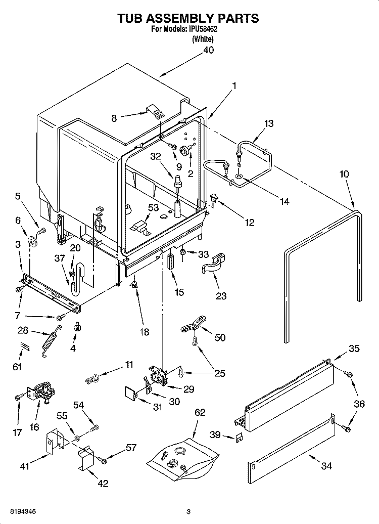 TUB ASSEMBLY PARTS Diagram and Parts List for IPU58462  Inglis Dishwasher