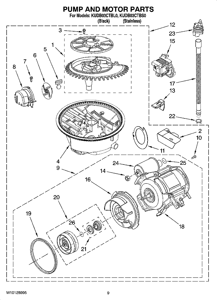 PUMP AND MOTOR PARTS Diagram and Parts List for KUDB03CTBS0  KitchenAid Dishwasher