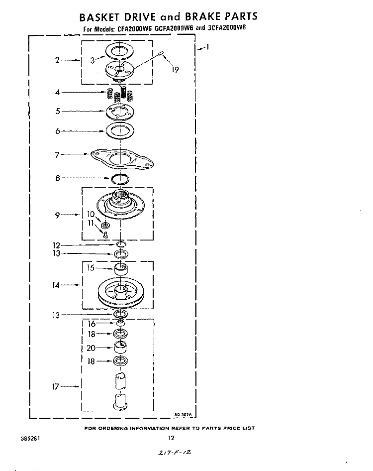 BASKET DRIVE AND BRAKE Diagram and Parts List for 3CFA2000W6  Whirlpool Washer