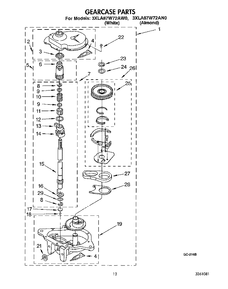 GEARCASE Diagram and Parts List for 3XLA87W72AW0  Whirlpool Washer