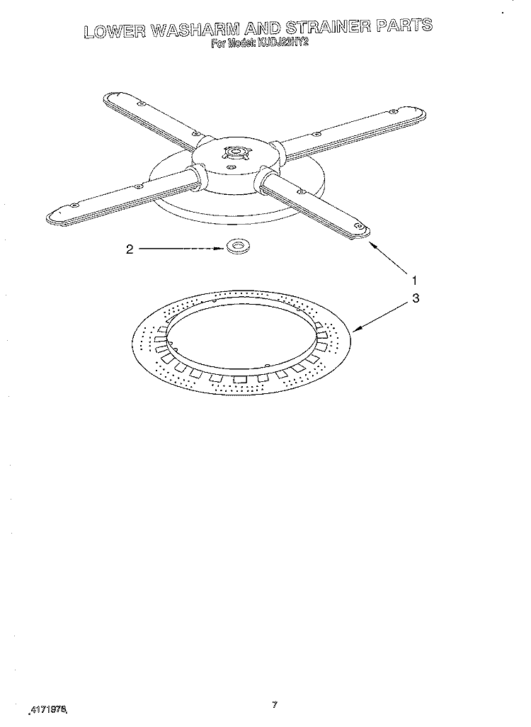 LOWER WASHARM AND STRAINER Diagram and Parts List for KUDJ23HY2  KitchenAid Dishwasher