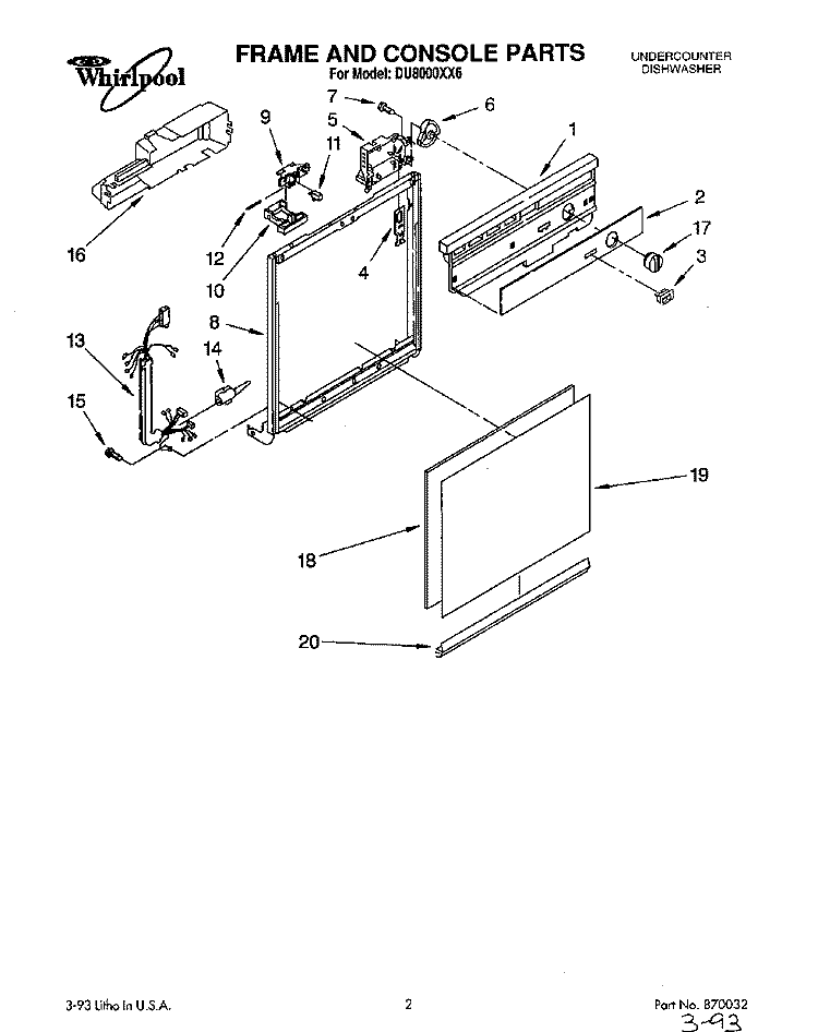 FRAME AND CONSOLE Diagram and Parts List for DU8000XX6  Whirlpool Dishwasher