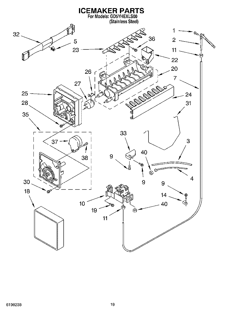 ICEMAKER Diagram and Parts List for GD5YHEXLS00  Whirlpool Refrigerator
