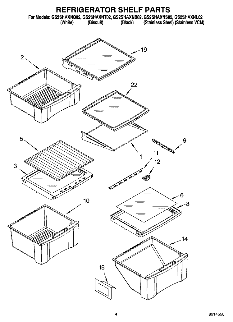REFRIGERATOR SHELF PARTS Diagram and Parts List for GS2SHAXNB02  Whirlpool Refrigerator