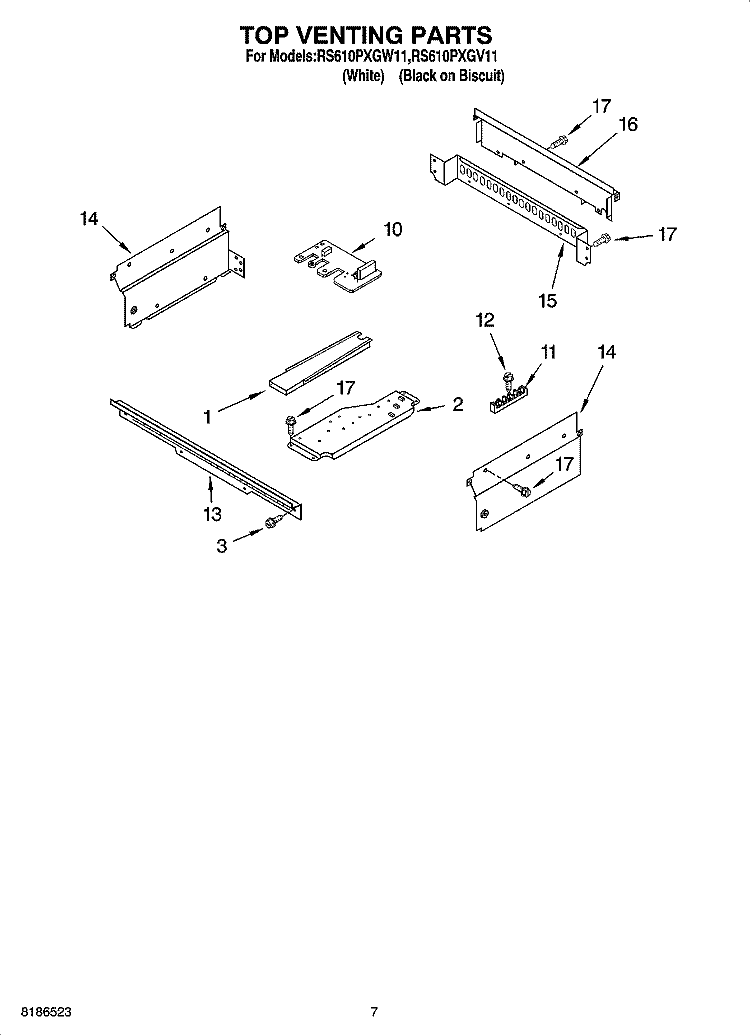 TOP VENTING PARTS, OPTIONAL PARTS Diagram and Parts List for RS610PXGW11  Whirlpool Range