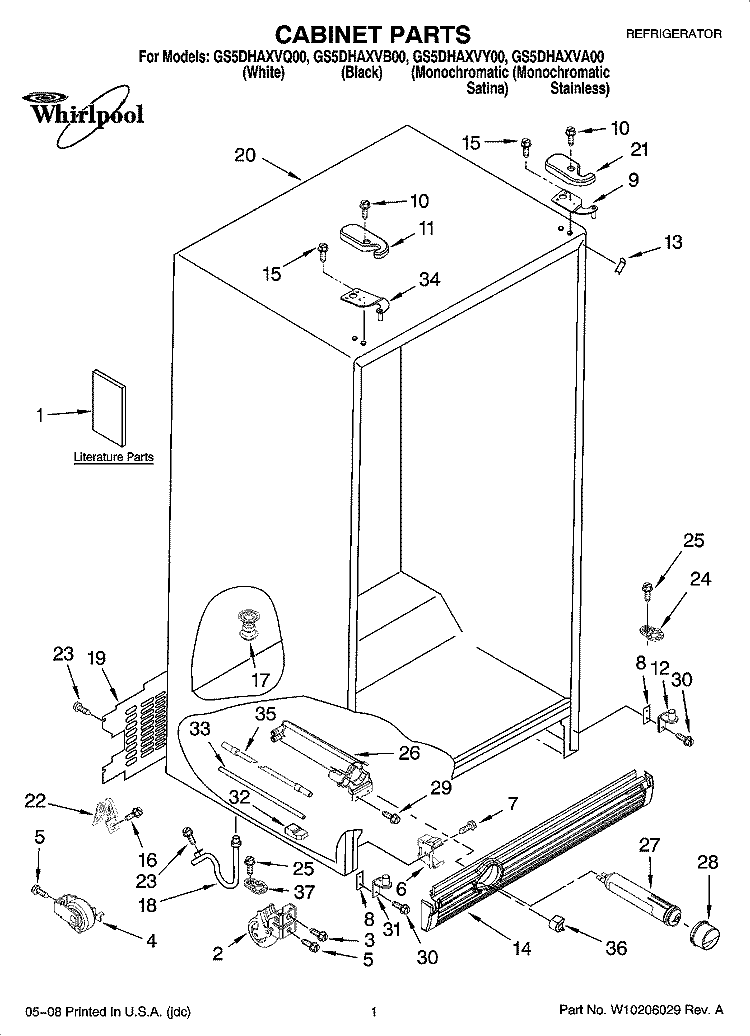 CABINET PARTS Diagram and Parts List for GS5DHAXVA00  Whirlpool Refrigerator