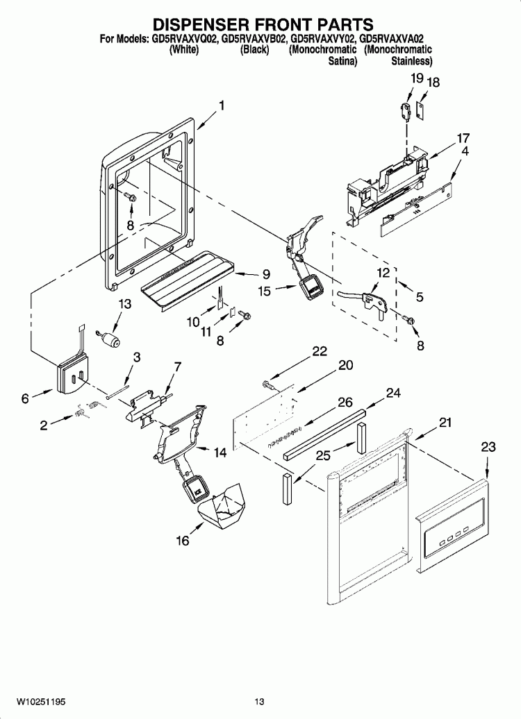 DISPENSER PARTS Diagram and Parts List for GD5RVAXVB02  Whirlpool Refrigerator