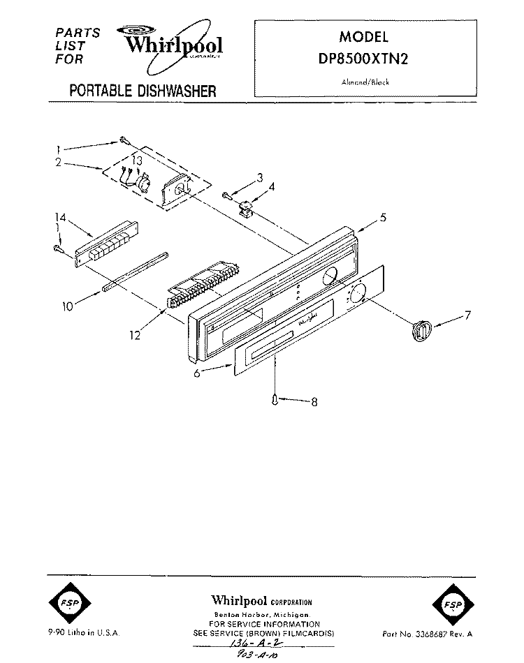 CONTROL PANEL Diagram and Parts List for DP8500XTN2  Whirlpool Dishwasher