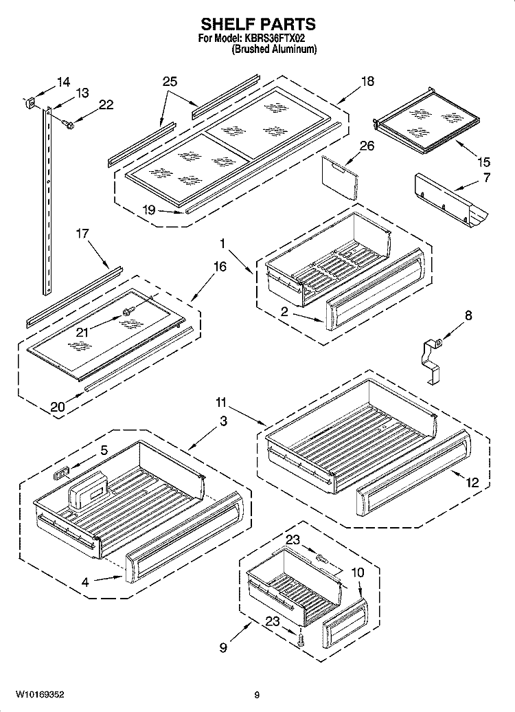SHELF PARTS Diagram and Parts List for KBRS36FTX02  KitchenAid Refrigerator