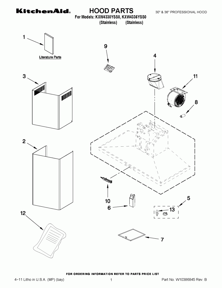 HOOD PARTS Diagram and Parts List for KXW4330YSS0  KitchenAid Range Hood