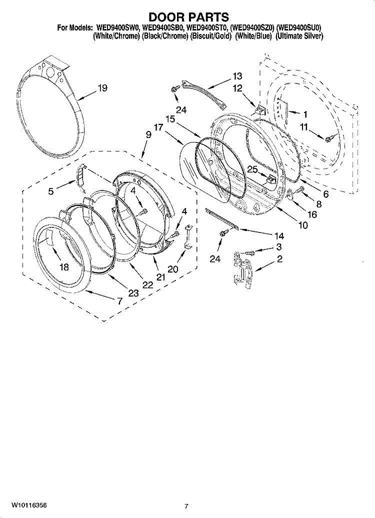 DOOR PARTS, OPTIONAL PARTS (NOT INCLUDED) Diagram and Parts List for WED9400SU0  Whirlpool Dryer