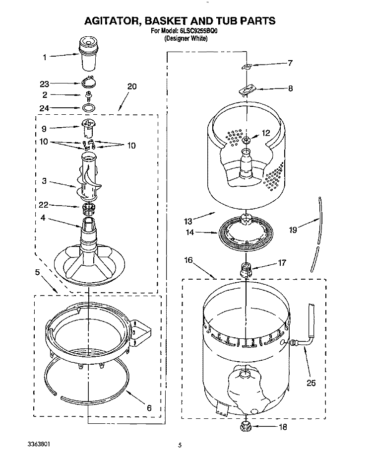 AGITATOR, BASKET AND TUB Diagram and Parts List for 6LSC9255BQ0  Whirlpool Washer