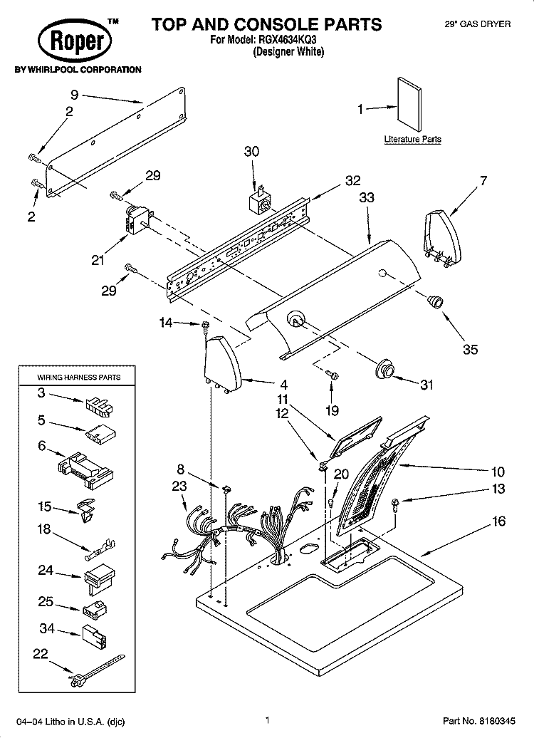 TOP AND CONSOLE PARTS Diagram and Parts List for RGX4634KQ3  Roper Dryer