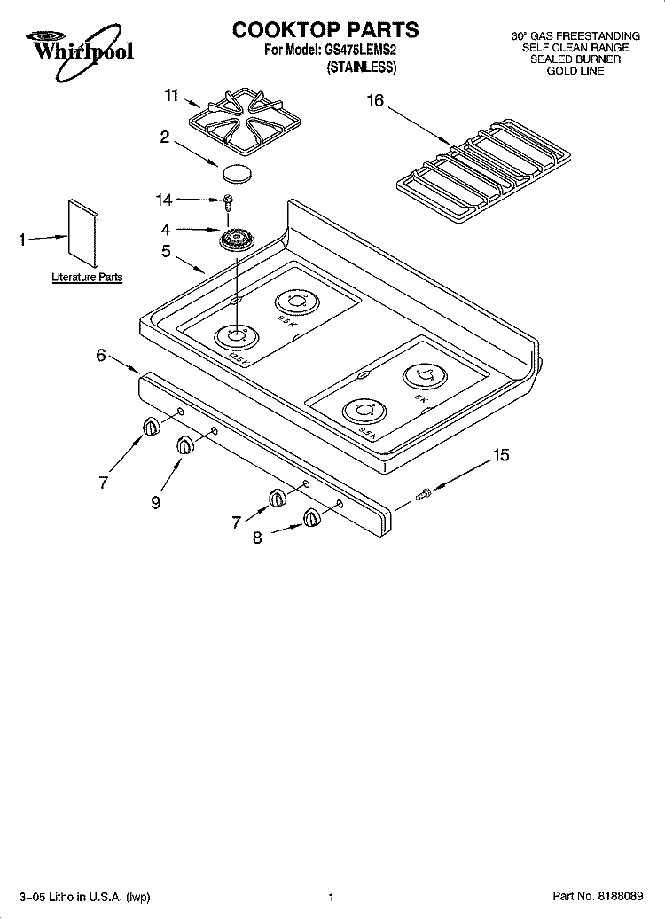 COOKTOP PARTS Diagram and Parts List for GS475LEMS2  Whirlpool Range