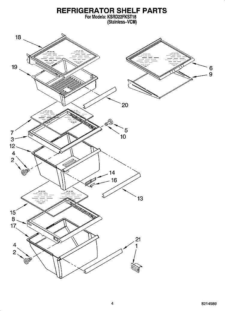 REFRIGERATOR SHELF PARTS Diagram and Parts List for KSRD22FKST18  KitchenAid Refrigerator