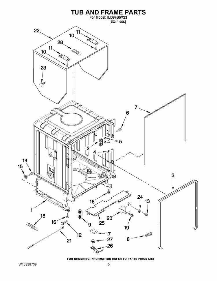 TUB AND FRAME PARTS Diagram and Parts List for IUD9750WS3  Whirlpool Dishwasher