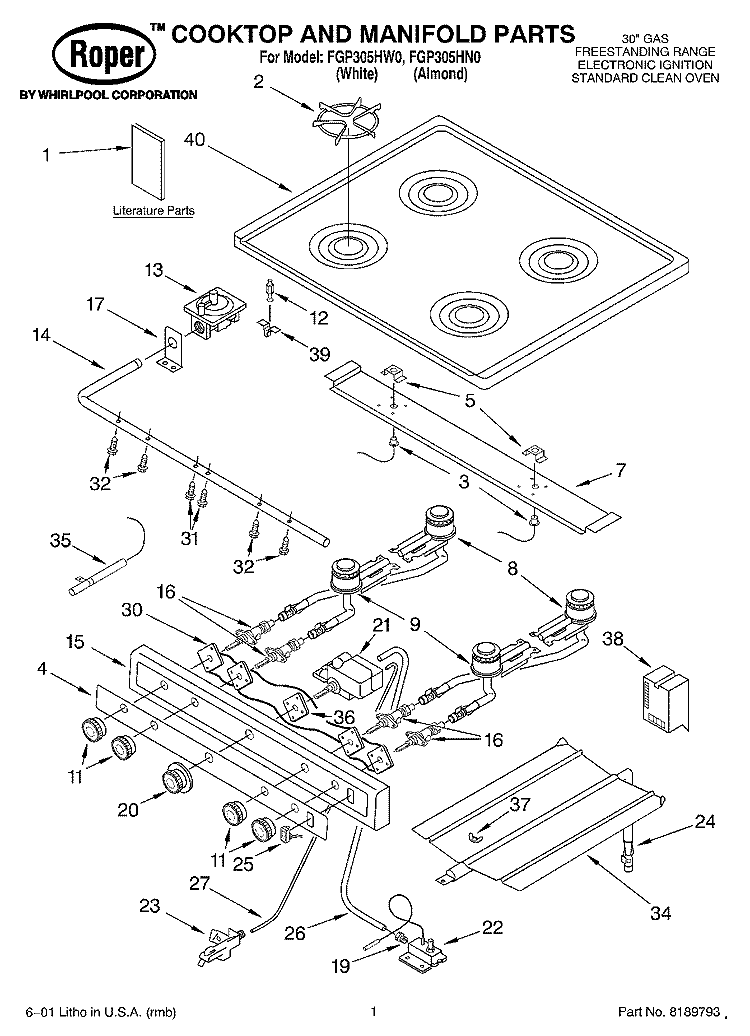 COOKTOP AND MANIFOLD, LITERATURE Diagram and Parts List for FGP305HW0  Roper Range