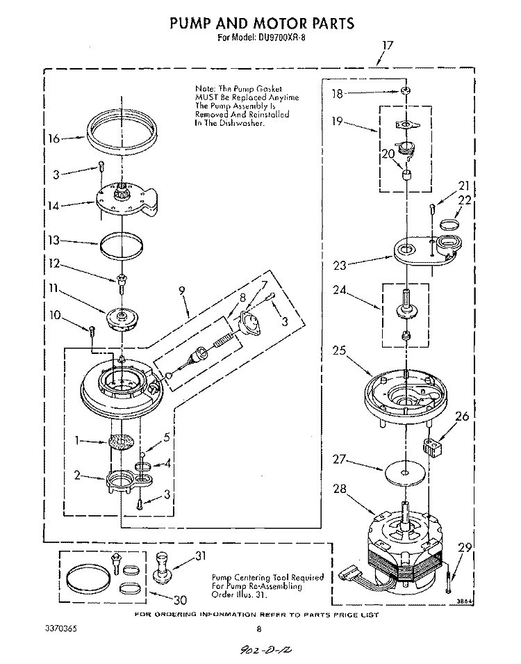 PUMP AND MOTOR Diagram and Parts List for DU9700XR8  Whirlpool Dishwasher