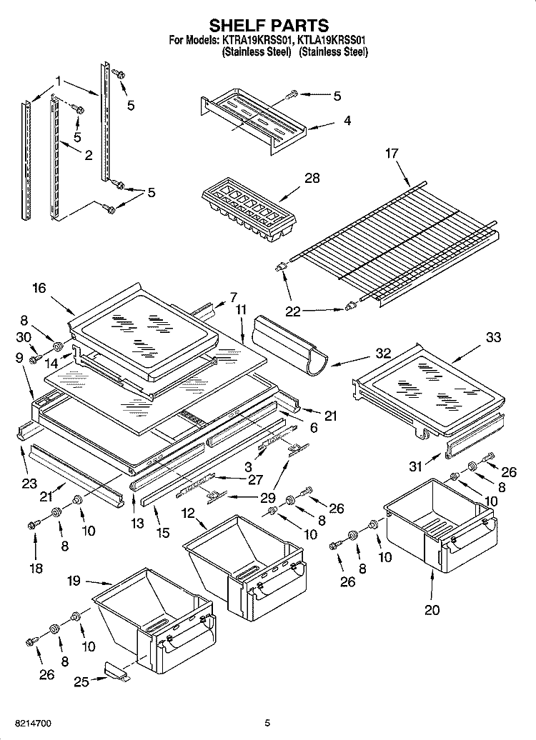 SHELF PARTS Diagram and Parts List for KTRA19KRSS01  KitchenAid Refrigerator